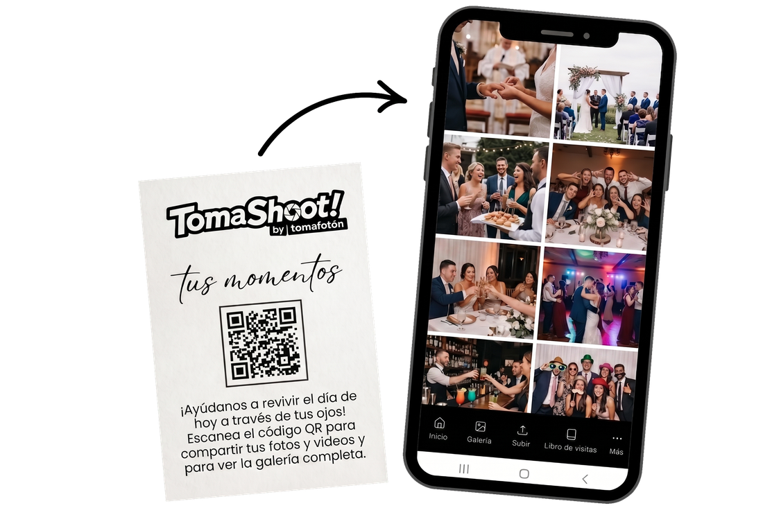 Cómo funciona TomaShoot: escanea el QR y sube tus fotos de boda