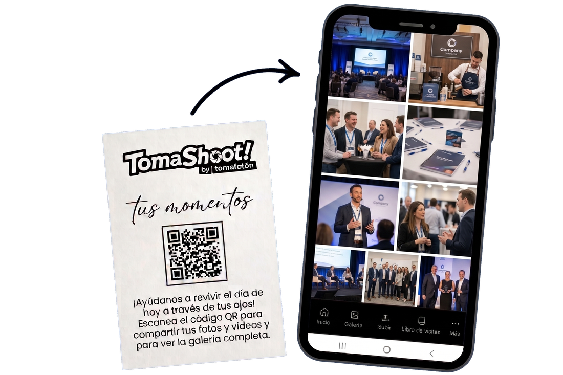 Cómo funciona TomaShoot: escanea el QR y sube tus fotos del evento