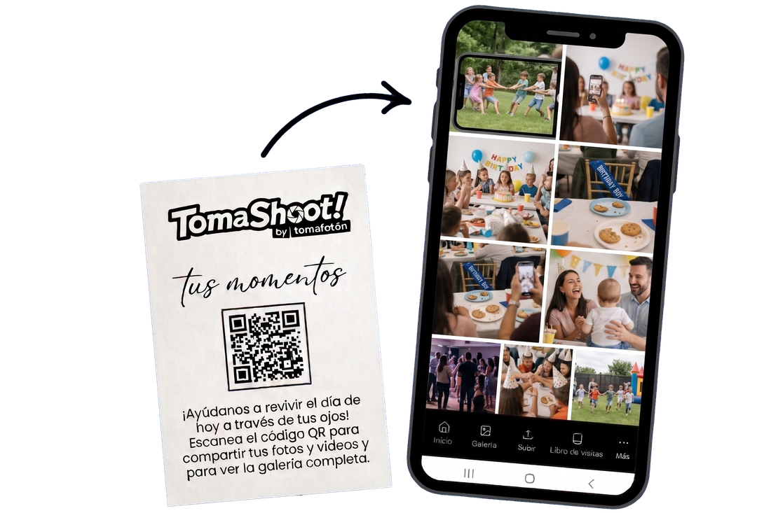 Cómo funciona TomaShoot: escanea el QR y sube tus fotos de la despedida