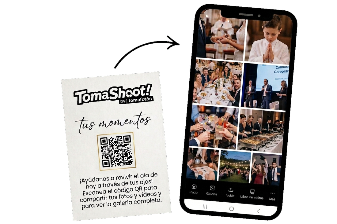 Cómo funciona TomaShoot: escanea el QR y sube tus fotos del evento